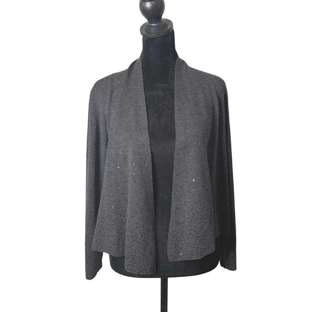 Eileen Fisher Open Front Sequin Cardigan Sweater‎ Womens S Merino Wool Gray